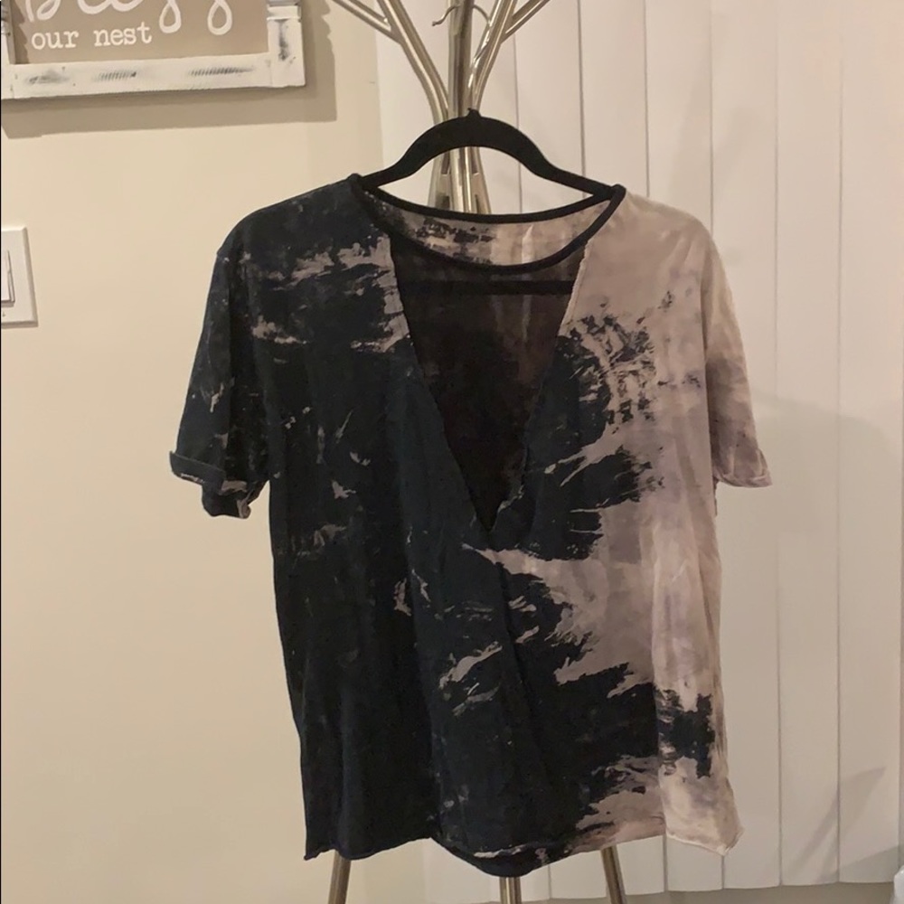 Grunge Style Black Tye Dye Sheer VNeck Panel Shirt